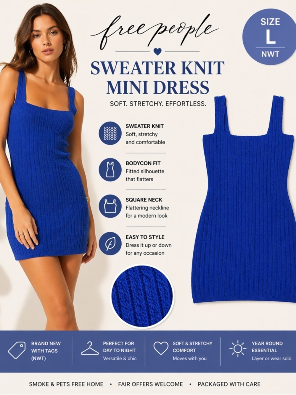 Free People Blue Sweater Knit Mini Dress NWT Size L